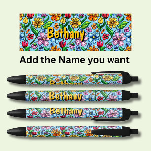 Personalised Name Ladies Flowers Floral Black Ink Pen