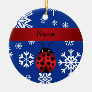 Personalised name ladybug blue snowflakes ceramic ornament