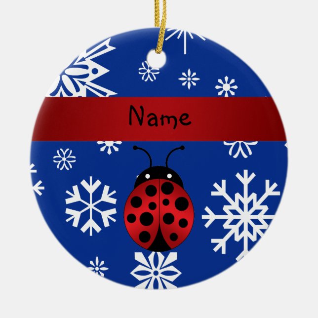 Personalised name ladybug blue snowflakes ceramic ornament (Front)