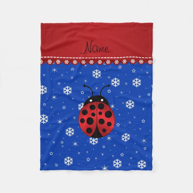 Personalised name ladybug blue snowflakes fleece blanket (Front)