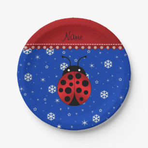 Personalised name ladybug blue snowflakes paper plate