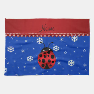 Personalised name ladybug blue snowflakes tea towel