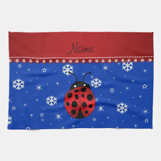Personalised name ladybug blue snowflakes tea towel (Horizontal)