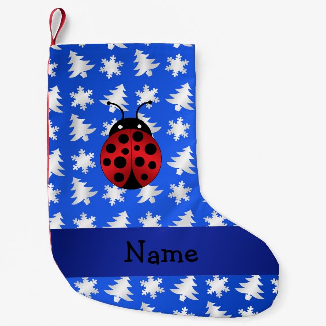 Personalised name ladybug blue snowflakes trees small christmas stocking (Front)