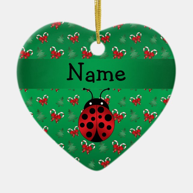Personalised name ladybug green candy canes bows ceramic ornament (Front)