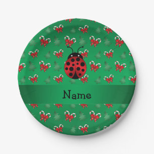 Personalised name ladybug green candy canes bows paper plate