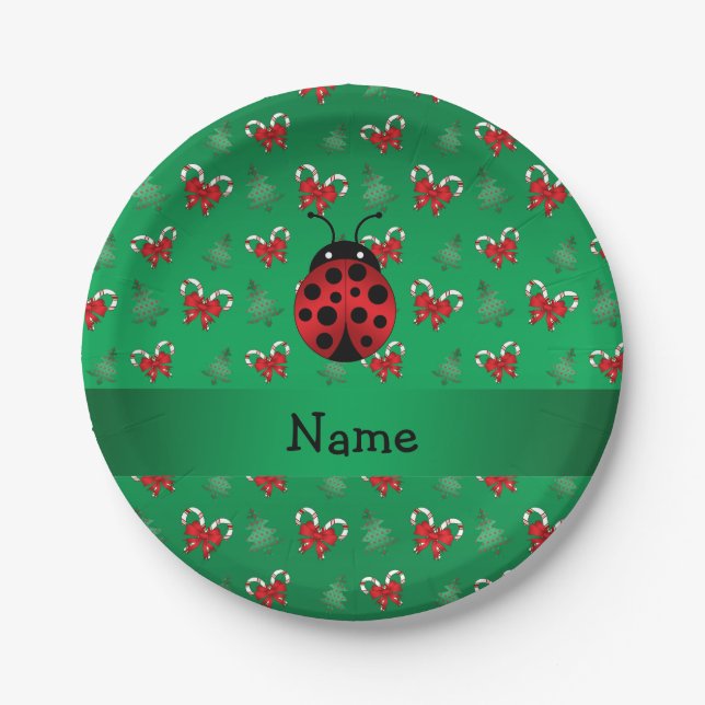 Personalised name ladybug green candy canes bows paper plate (Front)