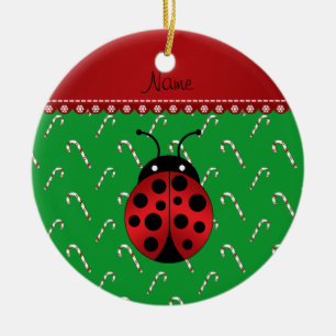 Personalised name ladybug green candy canes ceramic ornament