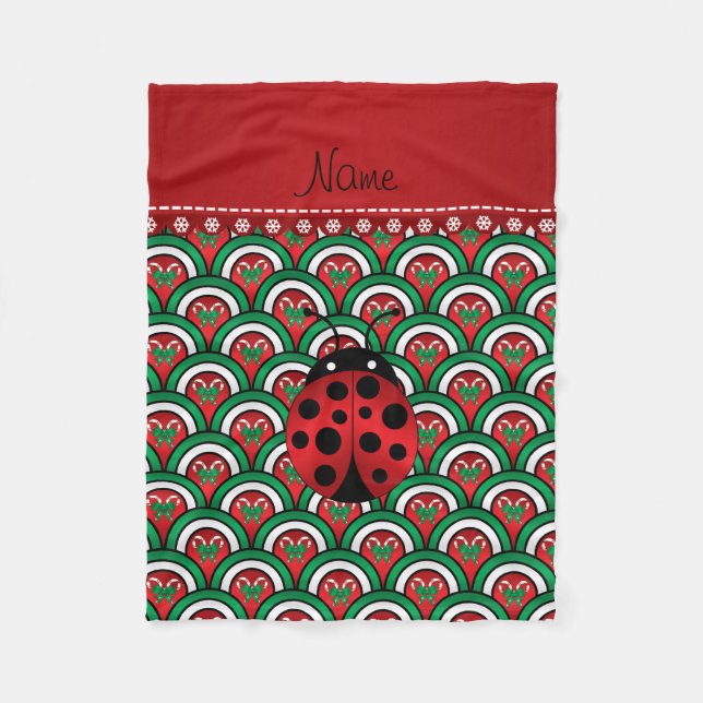 Personalised name ladybug half circles candy canes fleece blanket (Front)