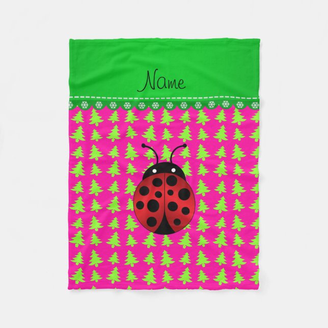 Personalised name ladybug pink green trees fleece blanket (Front)