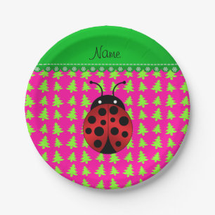 Personalised name ladybug pink green trees paper plate
