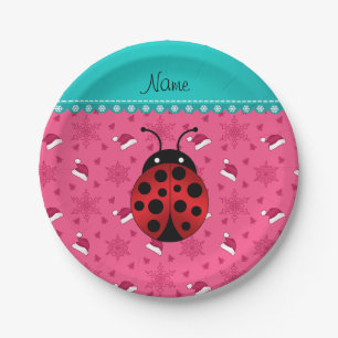 Personalised name ladybug pink santa hats paper plate
