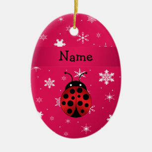 Personalised name ladybug pink snowflakes ceramic ornament