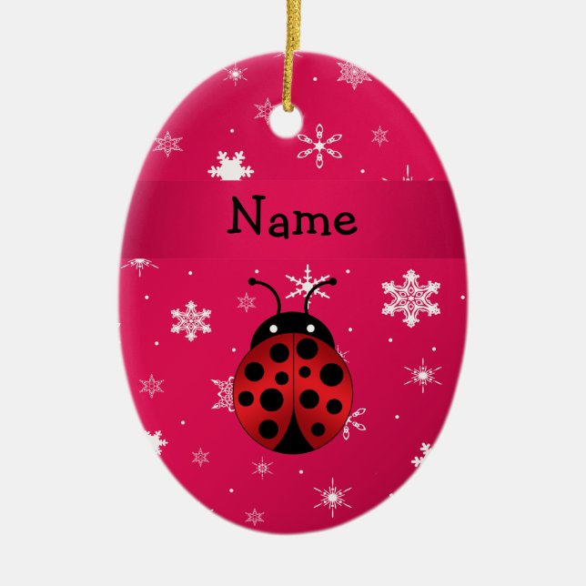 Personalised name ladybug pink snowflakes ceramic ornament (Front)