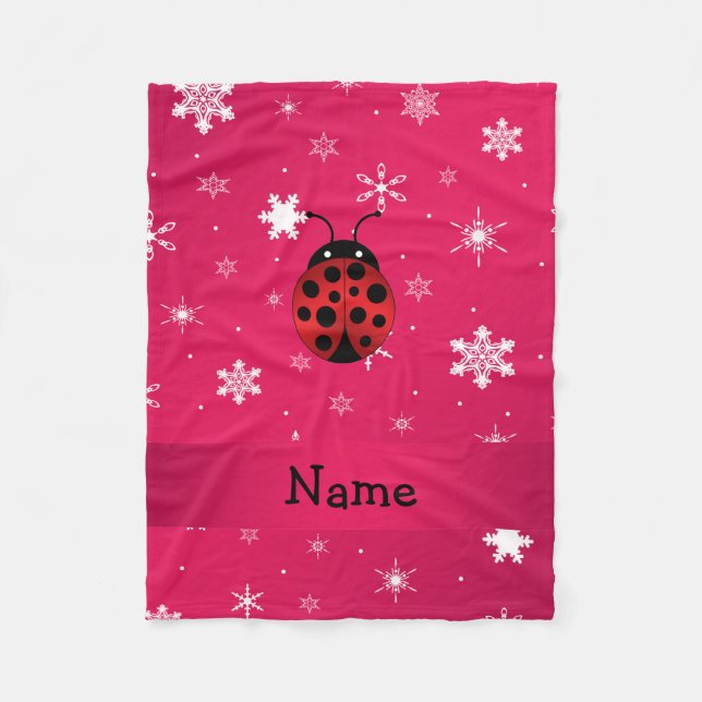 Personalised name ladybug pink snowflakes fleece blanket (Front)