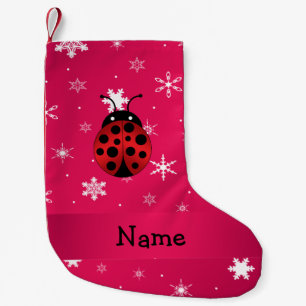 Personalised name ladybug pink snowflakes small christmas stocking
