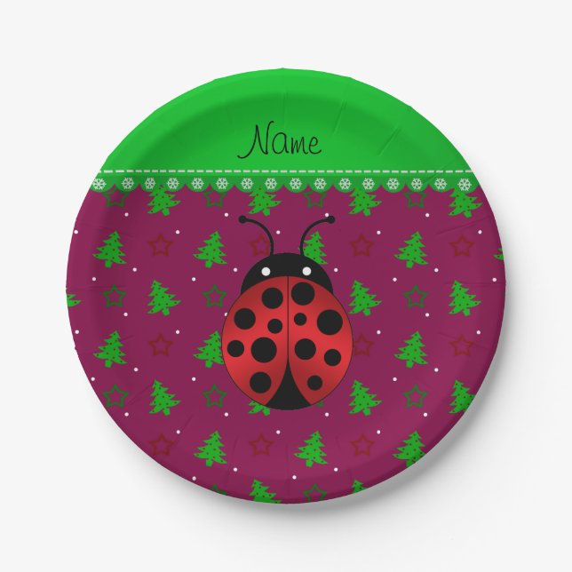 Personalised name ladybug plum trees stars paper plate (Front)