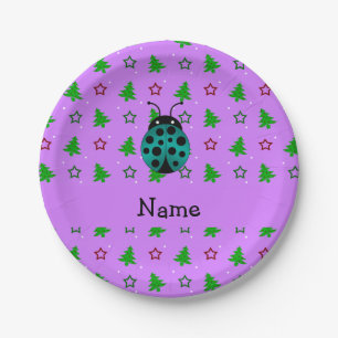Personalised name ladybug purple christmas trees paper plate