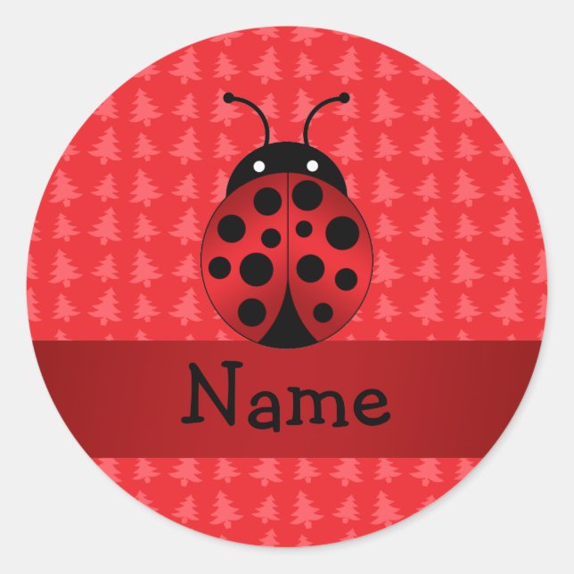 Personalised name ladybug red christmas trees classic round sticker (Front)