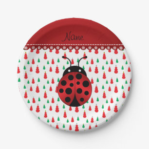 Personalised name ladybug red green snowmen paper plate