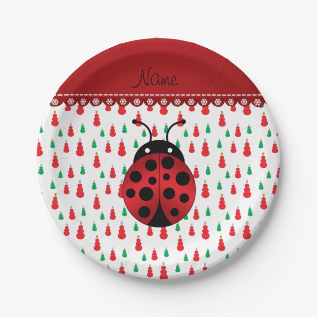 Personalised name ladybug red green snowmen paper plate (Front)