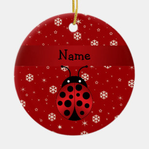 Personalised name ladybug red snowflakes ceramic ornament