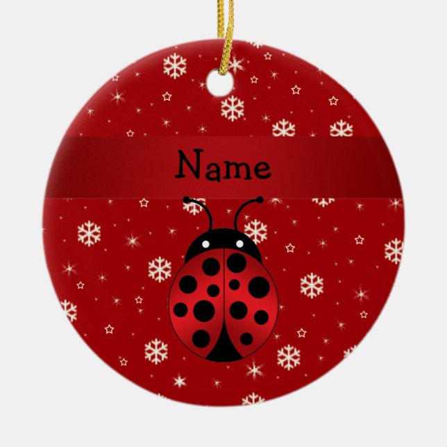 Personalised name ladybug red snowflakes ceramic ornament (Front)