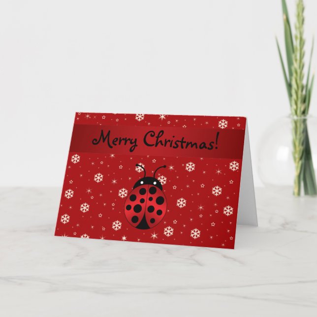 Personalised name ladybug red snowflakes holiday card (Front)
