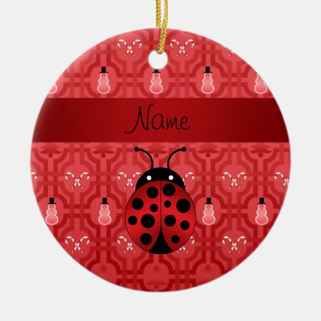 Personalised name ladybug red snowman trellis ceramic tree decoration (Front)