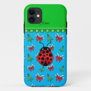Personalised name ladybug sky blue candy canes bow iPhone 11 case