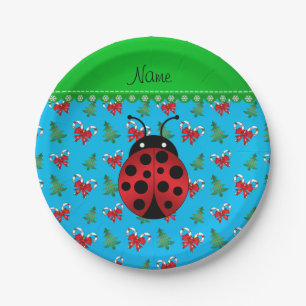 Personalised name ladybug sky blue candy canes bow paper plate