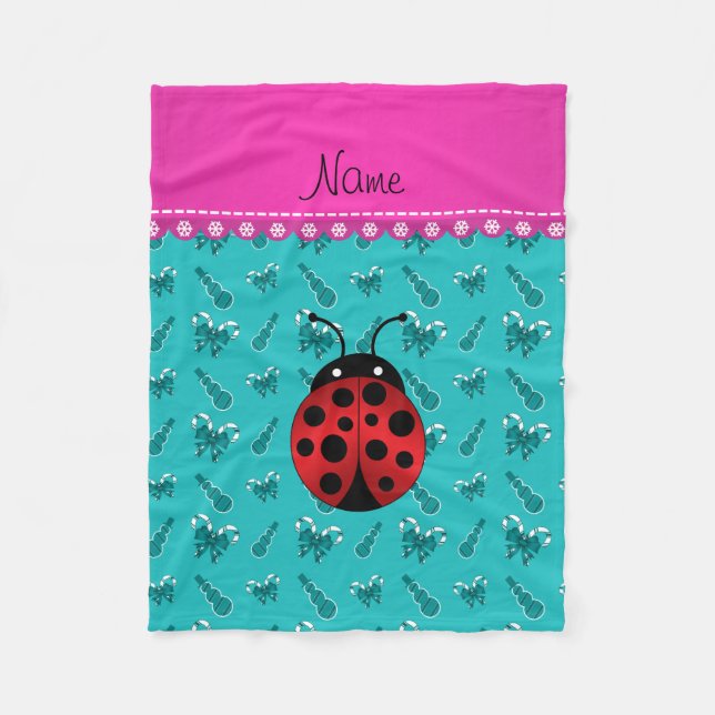 Personalised name ladybug turquoise snowmen fleece blanket (Front)