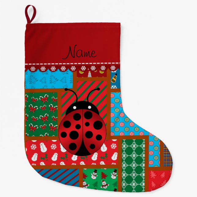 Personalised name ladybug ugly christmas sweater large christmas stocking (Front)