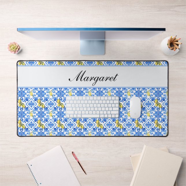 Personalised Name Lemon Azulejo Blue Tile Pattern Desk Mat (Office 1)