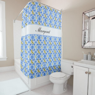 Personalised Name Lemon Azulejo Blue Tile Pattern Shower Curtain