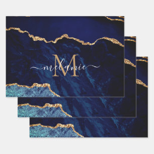Personalised Name Letter Navy Blue Gold Marble Wrapping Paper Sheet
