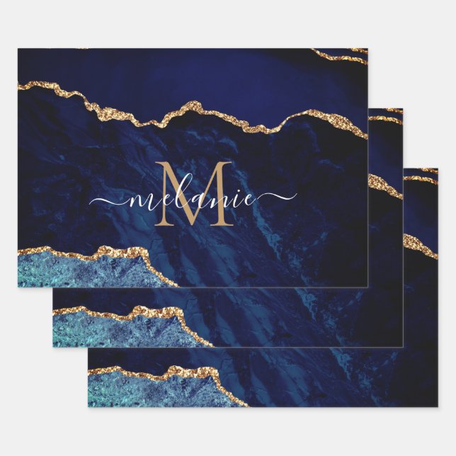 Personalised Name Letter Navy Blue Gold Marble Wrapping Paper Sheet (Set)