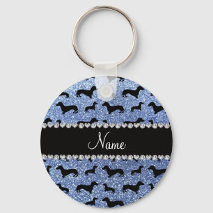 Personalised name light blue glitter dachshunds key ring