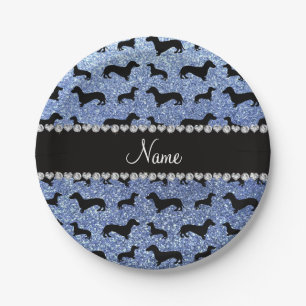 Personalised name light blue glitter dachshunds paper plate