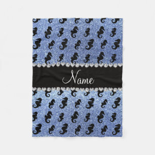 Personalised name light blue glitter seahorses fleece blanket