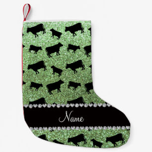 Personalised name light green glitter cows small christmas stocking