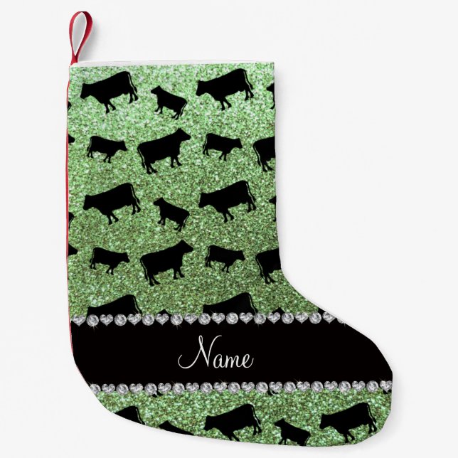 Personalised name light green glitter cows small christmas stocking (Front)