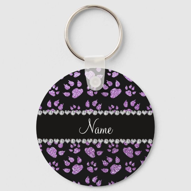 Personalised name light purple glitter cat paws key ring (Front)