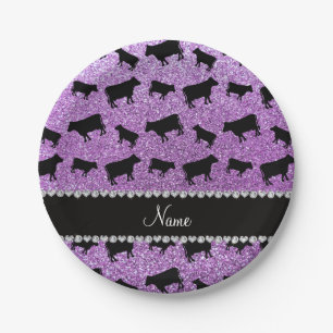 Personalised name light purple glitter cows paper plate