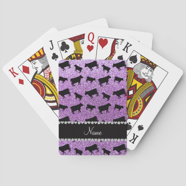 Personalised name light purple glitter cows playing cards (Back)
