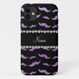 Personalised name light purple glitter moustaches iPhone 11 case