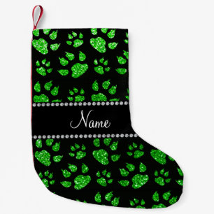 Personalised name lime green glitter cat paws small christmas stocking