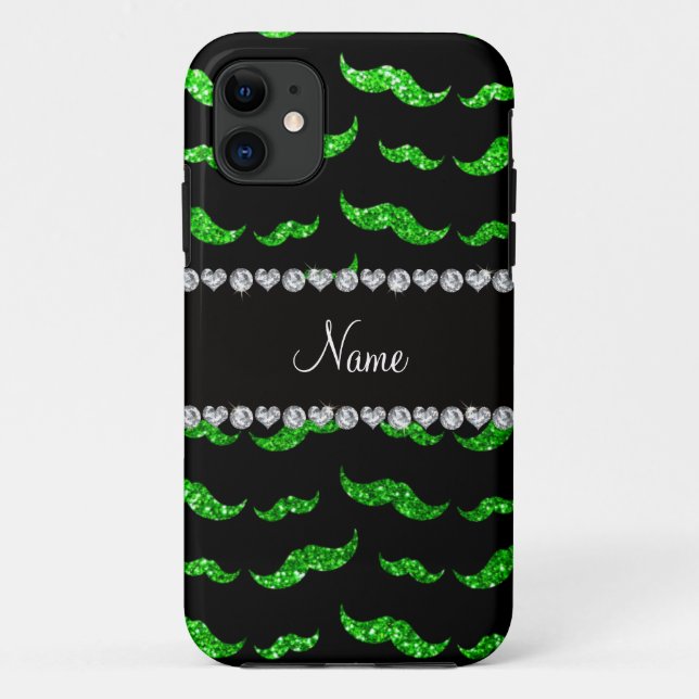 Personalised name lime green glitter moustaches Case-Mate iPhone case (Back)