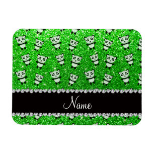 Personalised name lime green glitter pandas magnet