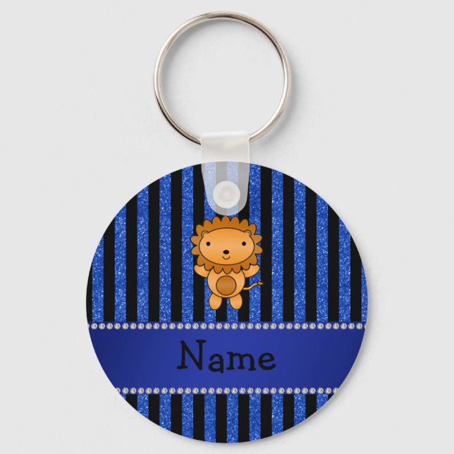Personalised name lion blue glitter stripes key ring (Front)